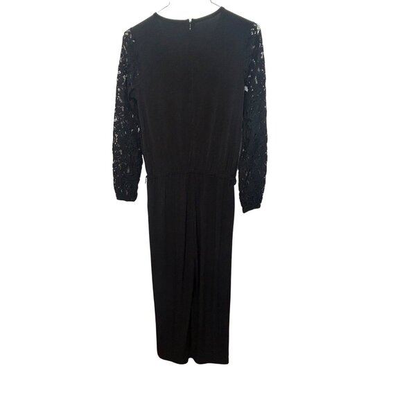 Michael Kors Black Jumpsuit M Round Neck Long Lace Sleeves Zip Party Wide Leg - Picture 1 of 16